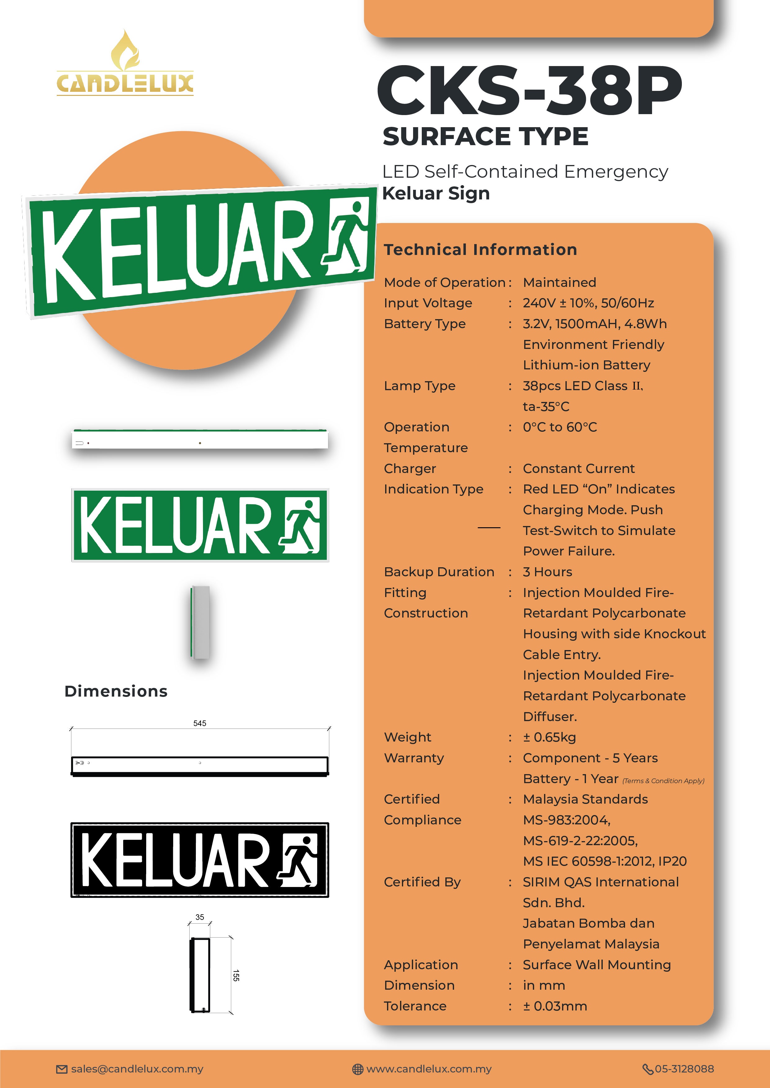 CKS38P Surface Type Led SelfContained Emergency Keluar Sign